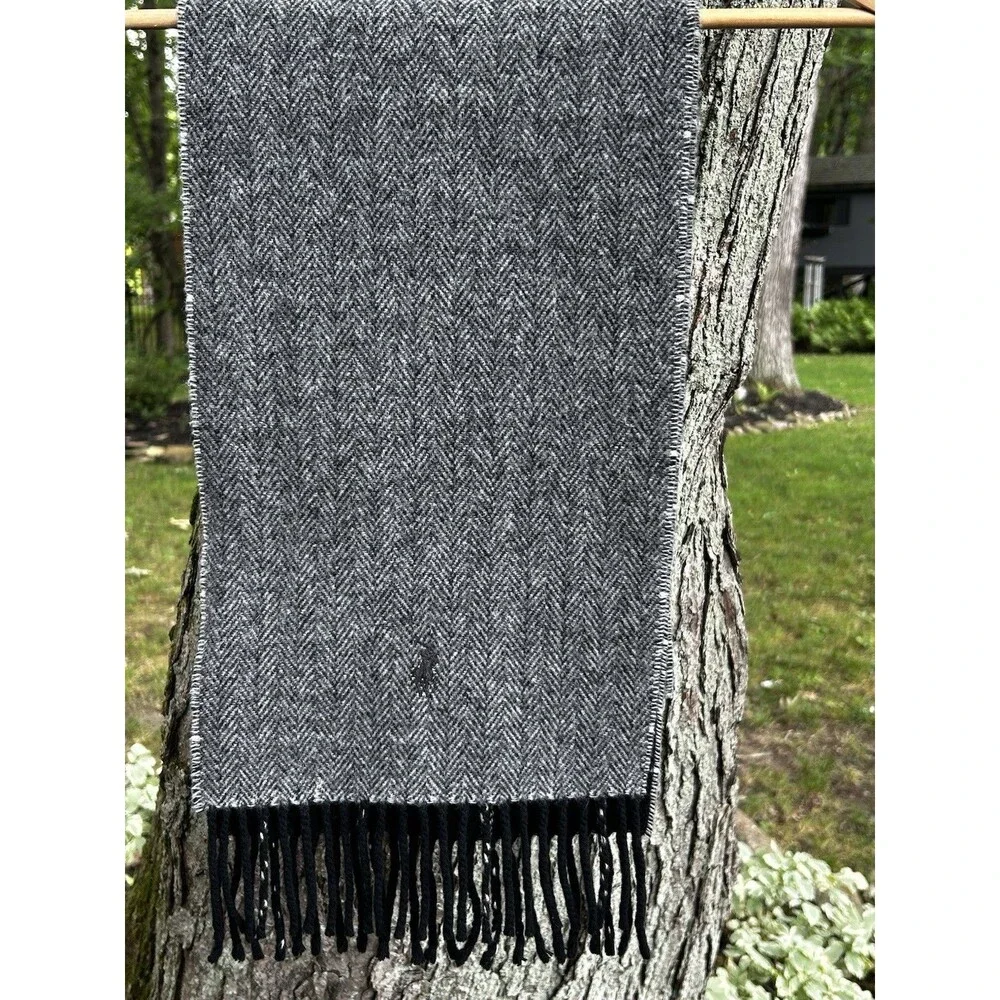 Polo Ralph Lauren Lambswool Scarf Grey Black Plaid Fringe Preppy Heritage Italy